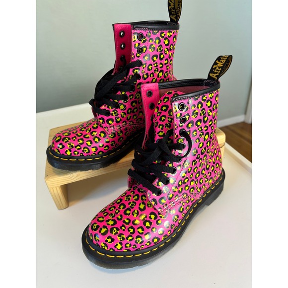 Dr. Martens Shoes - Dr Martens 1460 Neon Pink Lime Leopard Print Patent Leather Boots  Womens 6